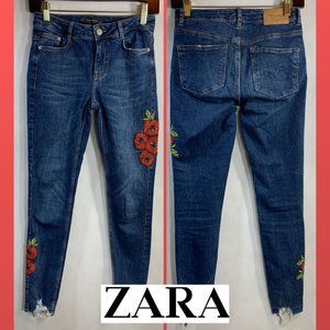 Zara Floral Embroidered Frayed Skinny Jeans